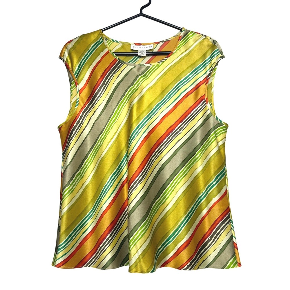 Casual Corner 100% Silk Tank Top Womens 16 Multicolor Diagonal Stripe Shell 90s